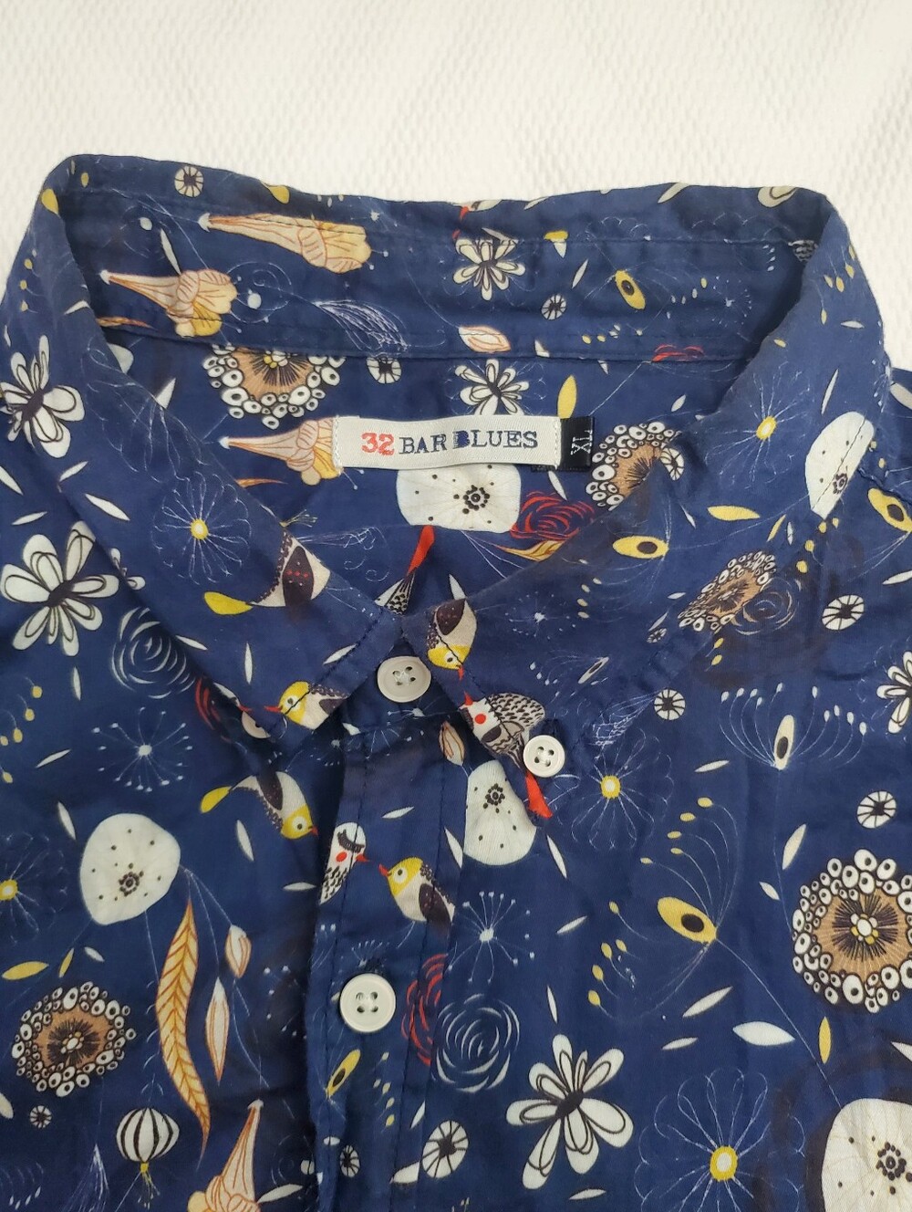32 Bar Blues Short Sleeve Button Down Shirt Navy Bird Print Mens XL - Picture 2 of 7